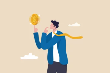 Fotobehang Money thinking, financial decision or choosing investment to make profit or earning, salary or income idea, expense, cost or spending concept, businessman look at spinning coin thinking of profit. © Nuthawut