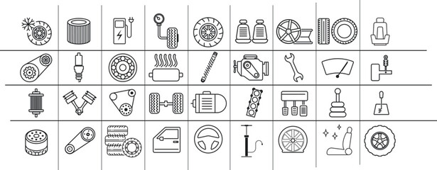 Fototapeta na wymiar set of 36 flat car parts web icons in line style such as car numberplate