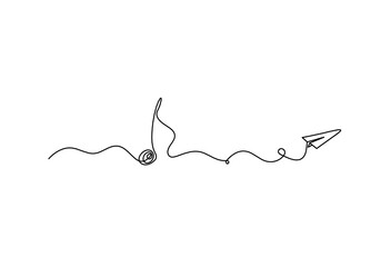 Abstract whole note with paper plane as continuous lines drawing on white background