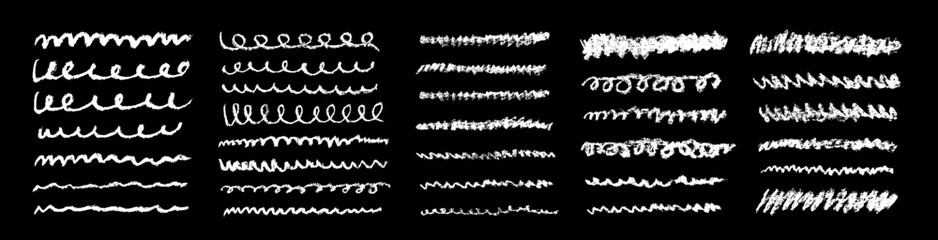 Chalk grunge strokes and borders set. White chalk sketches. Grunge strokes, lines and curves collection. Chalkboard hatches and scribbles.