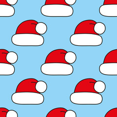 Seamless pattern with Christmas hats on blue. Red Santa cap. Background for festive designs, textile print, wrapping, paper decorations, decors, banners, cards, and invitations.
