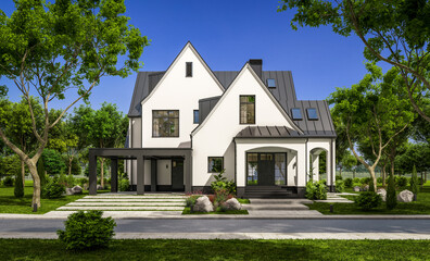 3d rendering of cute cozy white and black modern Tudor style house with parking  and pool for sale...