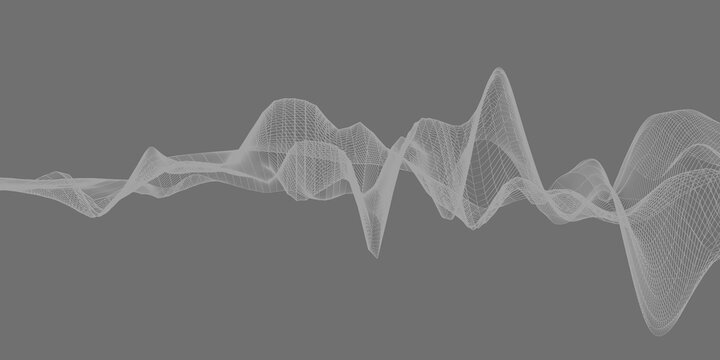 Illustration of abstract gray wireframe sound waves, visualization of frequency signals audio wavelengths, conceptual futuristic technology waveform background with copy space for text © MikeCS images