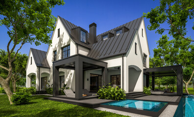 3d rendering of cute cozy white and black modern Tudor style house with parking  and pool for sale...