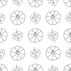 Seamless pattern with black contour pumpkins on a white background. Vector illustration. For modern background decoration, cards, banners, holiday designs, prints, wrappings, textiles, fabrics, etc.