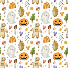 Happy Halloween. Watercolor seamless pattern on a white background.
