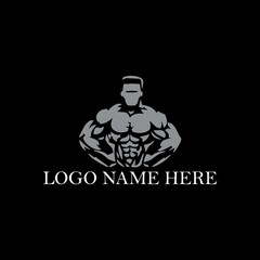 FITNESS LOGO TEMPLATE, BADGE,  MUSCLE BODY, MAN'S SILHOUETTE, GYM LOGO, TRAINING VECTOR ICON