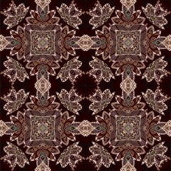 Beautiful seamless abstract beige pattern on a deep brown background. Print for fabric, home textile. Ethnic motives.