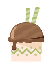 Ice cream icon. Large chocolate ball with icing and two green and white plastic sticks. Advertising poster or banner for website. Cafe or restaurant menu concept. Cartoon flat vector illustration