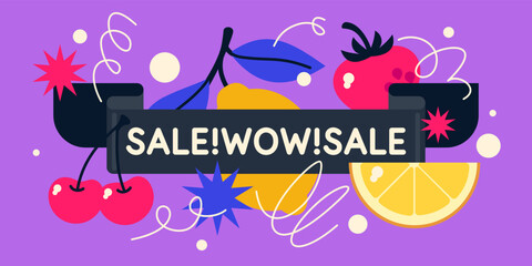 The original advertising poster of the sale. Vector illustration. A composition with geometric shapes and fruits.