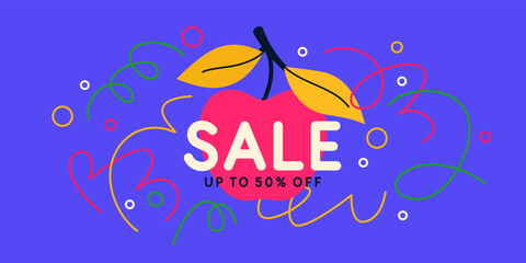 The original advertising poster of the sale. Vector illustration. A composition with geometric shapes and fruit.