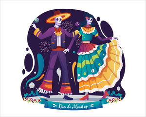 Day of the Dead Traditional Mexican Holiday Party with Mariachi skeleton with sombrero and Catrina dancing together. Vector illustration in flat style