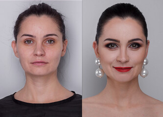 Portrait of middle aged woman before and after makeup