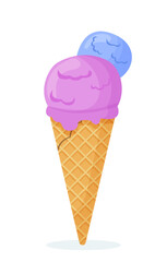 Ice cream icon. Purple and blue balls in waffle cone. Dessert and delicacy, gourmet. Poster or banner for website. Cafe or restaurant menu. Sweet product concept. Cartoon flat vector illustration