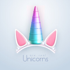 3D realistic gradient unicorn horn isolated on white background. Children head decoration. Vector illustration
