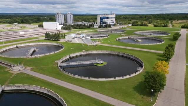 Sedimentation pools filmed by drone in Canadian water treatment plant