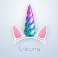 3D realistic gradient unicorn horn isolated on white background. Children head decoration. Vector illustration
