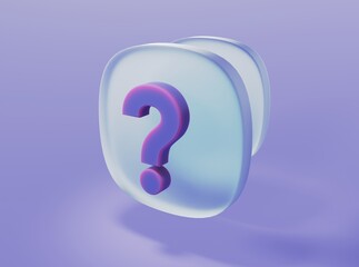 Purple color question mark in glassmorphism style on isolated background 3d rendering