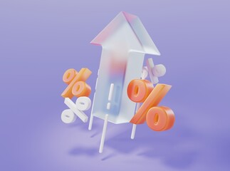Arrow pointing up with red and white percent signs in glassmorphism style on isolated background 3d rendering