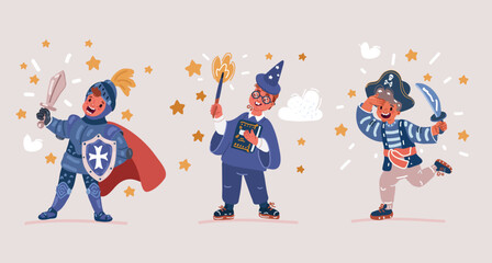 Fototapeta premium Vector illustration of Little BoyWearing Animal Costumes Waving Hand and Having Fun Knight, pirate, wizard with magic wand. Children's party
