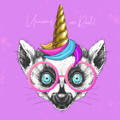 Handrawing animal lemur wearing cute glasses with unicorn horn. T-shirt graphic print. Vector illustration © annbozhko