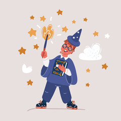 Illustration of cheerful little boy in magician costume with stars with magic wand Party or halloween.