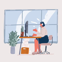 Vector illustration of woman working computer at office.