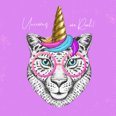 Handrawing animal cheetah wearing cute glasses with unicorn horn. T-shirt graphic print. Vector illustration