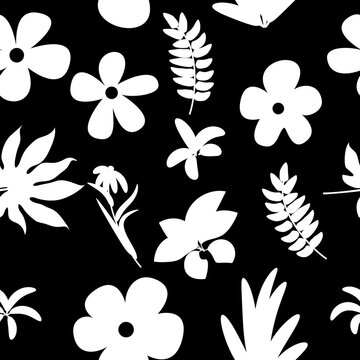 Seamless vector pattern of abstract white flower on black, plants, botanical design for fashion, fabric, wallpaper and all prints