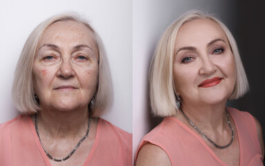 Portrait of old aged woman before and after makeup