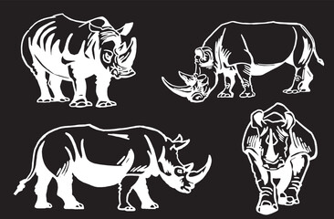 Vector set of rhinoceroses on black isolated,graphical drawing. Stylish print elements, savanna habitant