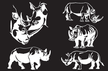 Vector set of rhinoceroses on black isolated,graphical drawing. Stylish print elements, savanna habitant
