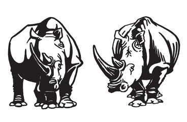 Vector set of rhinoceroses on white isolated,graphical drawing. Stylish print elements, savanna habitant