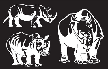 Vector set of rhinoceroses on black isolated,graphical drawing. Stylish print elements, savanna habitant