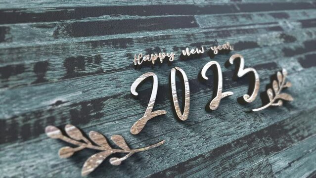 3D animation of 2023 Happy New Year glittering crome text on wood texture cinematic title. Ending cover for end scence trailer winter snow, Christmas and New year event background