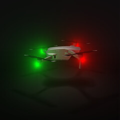 Right facing 3D render of Mavic Air 2 drone hovering in a dark studio setting with red and green ambiguity safety lighting switched on