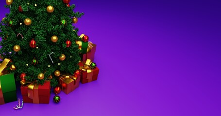 beautiful, Christmas, festive background with a Christmas tree, colored balls and gifts. 3d render