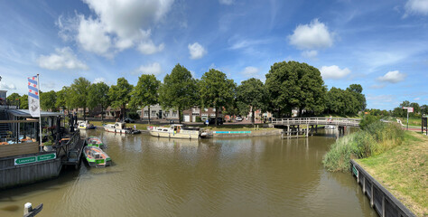 Panorama from a canal and the architecture in the old city of Franeker