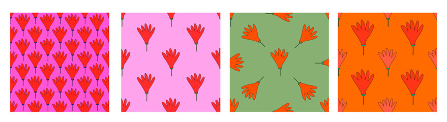 set of floral prints for fabric. textile seamless patterns. 1970 psychedelic, hippie and funky. cottage core 60s rustic interior decor. wallpaper and background pattern. children's naive style