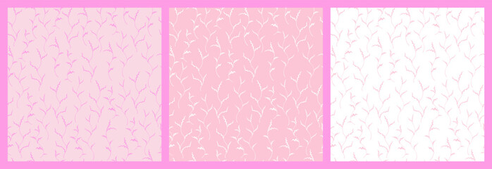 Floral seamless pattern with twigs and pastel pink colors. Botanical simple print for cover, fabric, background, wrapping paper or other design. Each pattern is isolated. Vector illustration. Set.