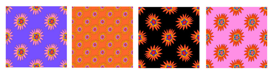 set of floral prints for fabric. textile seamless patterns. 1970 psychedelic, hippie and funky. cottage core 60s rustic interior decor. wallpaper and background pattern. children's naive style	