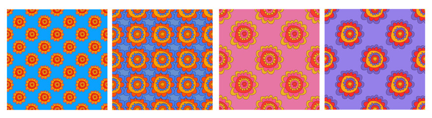 set of floral prints for fabric. textile seamless patterns. 1970 psychedelic, hippie and funky. cottage core 60s rustic interior decor. wallpaper and background pattern. children's naive style