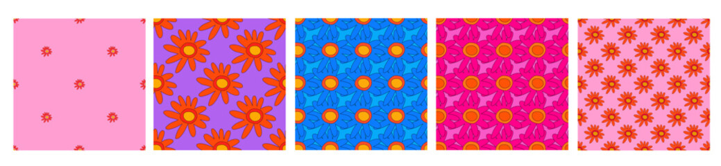 set of floral prints for fabric. textile seamless patterns. 1970 psychedelic, hippie and funky. cottage core 60s rustic interior decor. wallpaper and background pattern. children's naive style	
