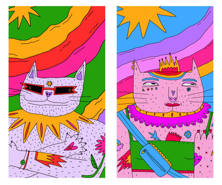 set of 1970 psychedelic poster, hippie poster.Cool placard with cat biker,rave, rainbow,party.Funky 70s good vibes,trippy art.Modern naive concept.00s template aesthetics.2000s trippy background