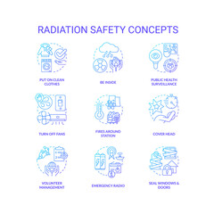 Radiation safety blue gradient concept icons set. Radioactive contamination surviving idea thin line color illustrations. Isolated symbols. Roboto-Medium, Myriad Pro-Bold fonts used