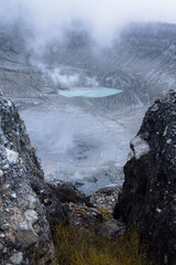 White crater emitting smoke on mount tangkuban parahu, bandung, west java, indonesia