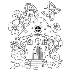 Cute mushroom house with flowers decoration snell and butterfly outline artwork coloring pages