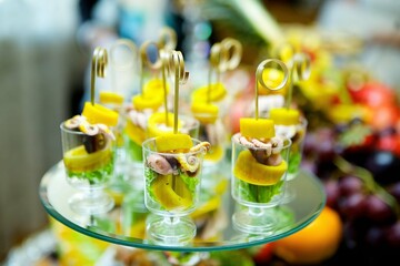 Seafood delicacy on the festive table. Snacks for guests at the event.