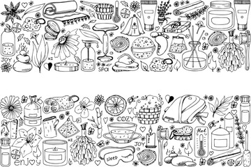 Sauna accessories sketches. Hand drawn doodle spa items collection. Vector outline object
