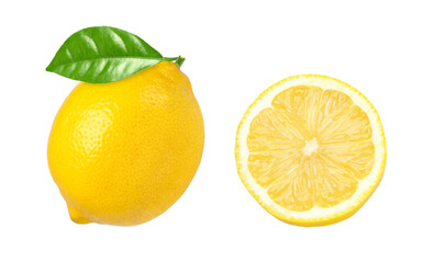 Ripe lemon fruit with leaves and slices isolated on white background, Fresh and Juicy Lemon